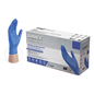 A box of ammex professional nitrile exam gloves next to a single displayed blue glove, indicating the product inside.