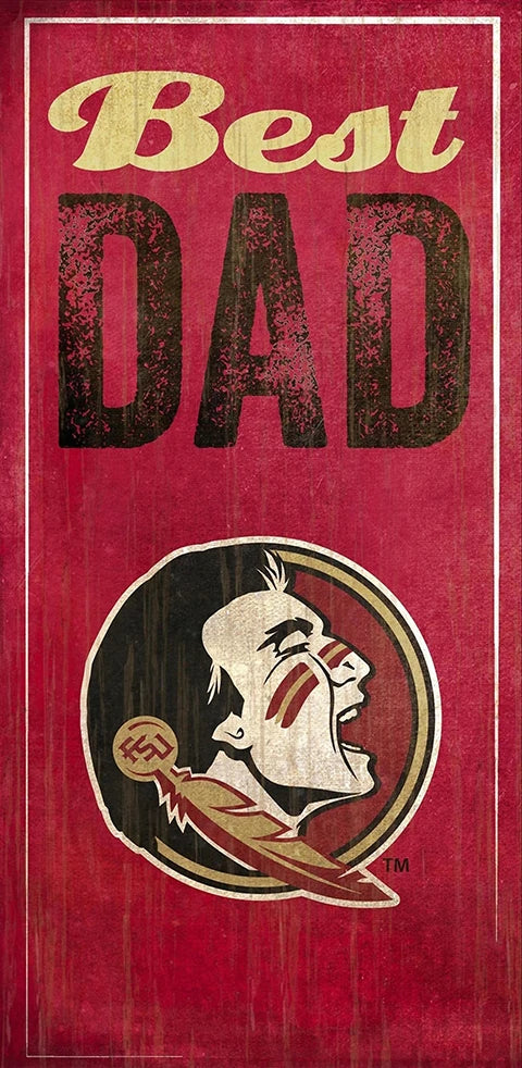 Vintage-style red and gold poster featuring the words "best dad" above a stylized, distressed graphic of a man kissing a child on the forehead.