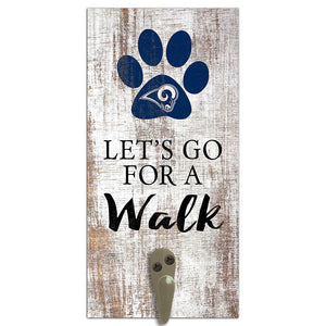 Decorative wall-mounted LA Rams Football and My Dog Sign featuring a rustic white wood background with a blue paw print and the text "let's go for a walk.