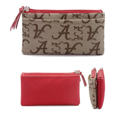 Beige and red double zipper wallet