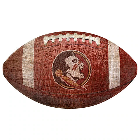 Vintage-style football with a worn texture, featuring a logo of a native american warrior on the side.