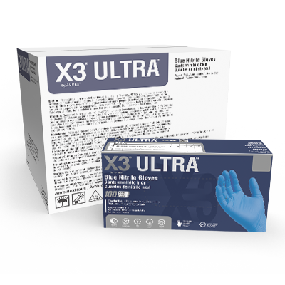 Box of X3 Ultra Blue Nitrile PF Ind Gloves with a display box and a larger bulk box in the background, both with product information.