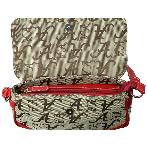 Sky Shoulder HandBag 8199 ALABAMA with a repeating logo pattern in beige and brown, featuring red strap and zipper details.