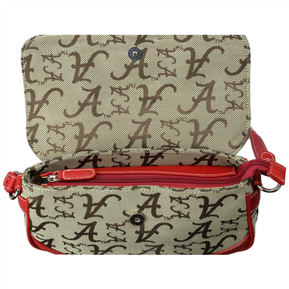 Sky Shoulder HandBag 8199 ALABAMA with a repeating logo pattern in beige and brown, featuring red strap and zipper details.