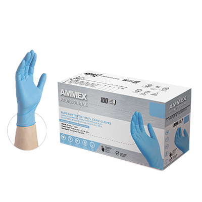 Case of AMMEX Stretch Synthetic Blue Vinyl PF Exam Gloves and a single glove displayed beside it, indicating the product within.