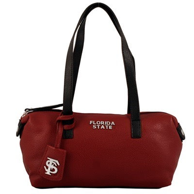 A maroon Kim 6474 FLORIDA STATE branded duffel bag with black handles and a logo pendant on the side.