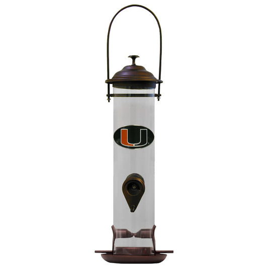 A Miami Hurricanes Thistle Bird Feeder with a metal top and base, featuring a university of miami logo on its clear central tube.