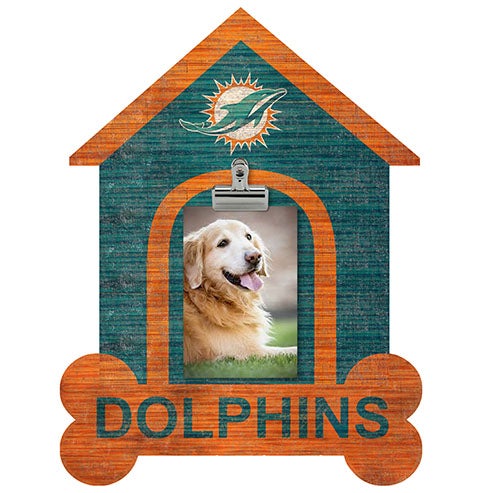 Decorative hanging Miami Dolphins Football and My Dog sign shaped like a house, featuring the Miami Dolphins logo with a photo of a smiling golden retriever in the center, and the word "dolphins" at the bottom.