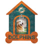 Decorative hanging Miami Dolphins Football and My Dog sign shaped like a house, featuring the Miami Dolphins logo with a photo of a smiling golden retriever in the center, and the word "dolphins" at the bottom.