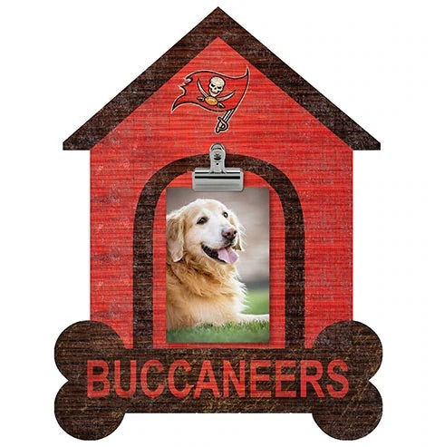 Photo frame shaped like a doghouse with a tampa bay buccaneers logo, containing an image of a smiling golden retriever, and labeled "buccaneers" at the bottom.