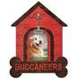Photo frame shaped like a doghouse with a tampa bay buccaneers logo, containing an image of a smiling golden retriever, and labeled "buccaneers" at the bottom.