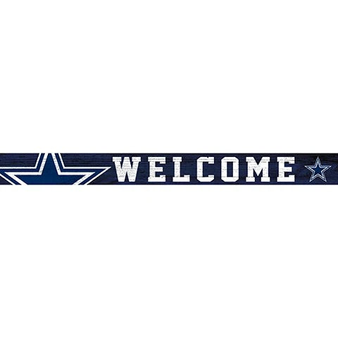 A welcome sign featuring stylized text and star motifs, predominantly in shades of blue and white, possibly representing a sports team theme.