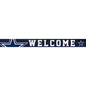 A welcome sign featuring stylized text and star motifs, predominantly in shades of blue and white, possibly representing a sports team theme.