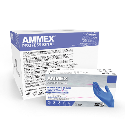Two boxes of AMMEX Exam Blue Nitrile PF Disposable Gloves (Case of 1000), one open with a blue glove protruding.