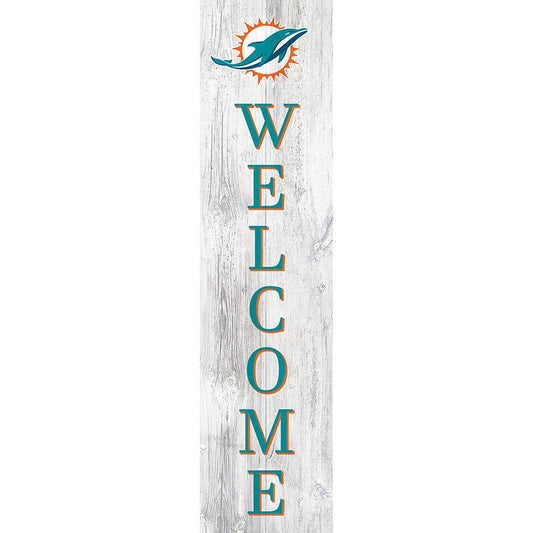 A vertical welcome sign featuring the Miami Dolphins Football and My Dog logo above blue and teal letters on a weathered white wooden plank.