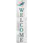 A vertical welcome sign featuring the Miami Dolphins Football and My Dog logo above blue and teal letters on a weathered white wooden plank.
