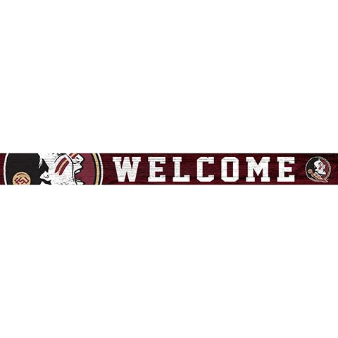 A long, narrow welcome mat featuring the florida state university logo and the word "welcome" in large, bold letters, flanked by spear motifs.