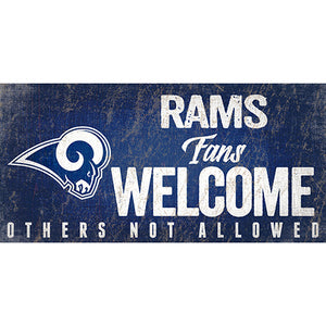 Rams fans welcome sign with blue background.