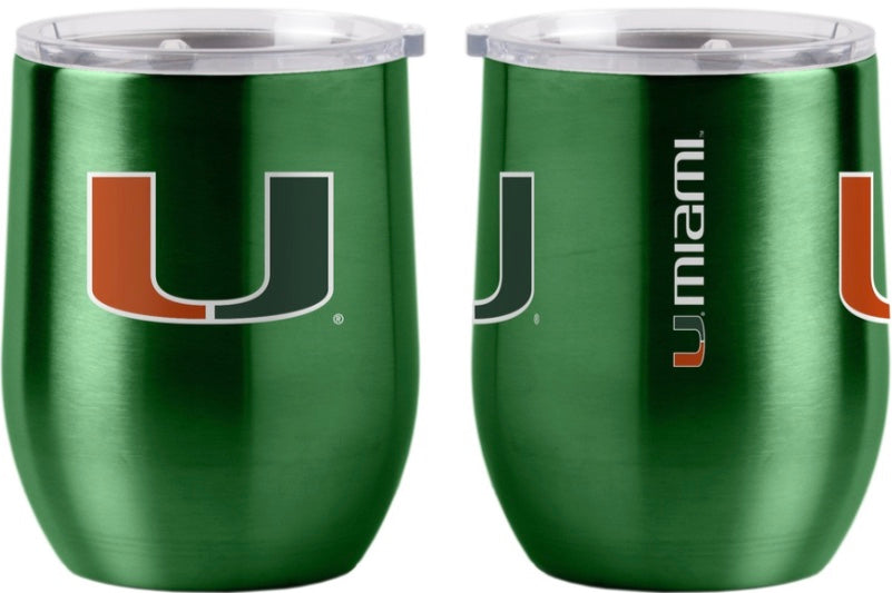 Two Miami Hurricanes Travel Tumblers with University of Miami logos in green and orange on a reflective metallic surface.