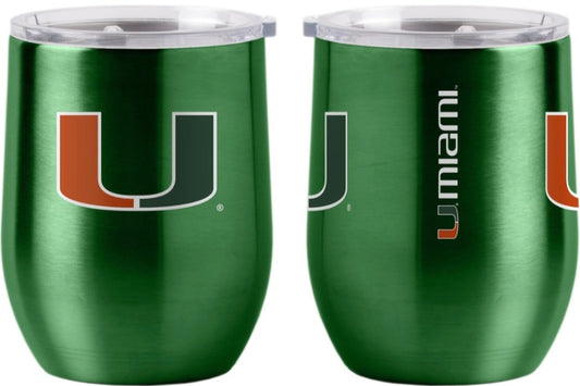 Two Miami Hurricanes Travel Tumblers with University of Miami logos in green and orange on a reflective metallic surface.