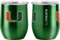 Two Miami Hurricanes Travel Tumblers with University of Miami logos in green and orange on a reflective metallic surface.