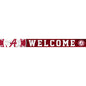 Decorative sign featuring the word "welcome" in white capital letters set on a red distress-textured background, with the logo of the university of alabama on the right.