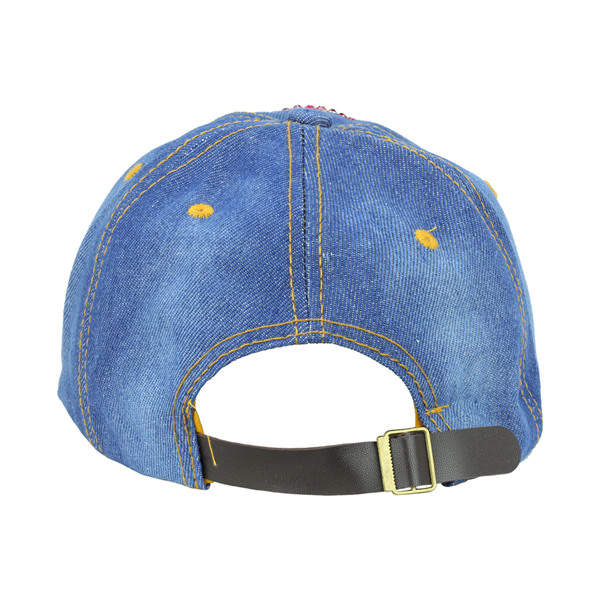 Breast Cancer Ribbon Hat | Denim baseball cap with an adjustable black strap, viewed from the back.