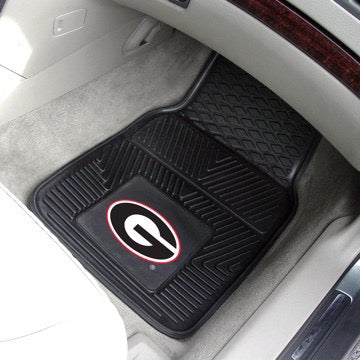 Georgia Bulldogs 4-PC Vinyl Car Mats with a red and white no smoking sign, positioned on the gray carpet of a car's interior.