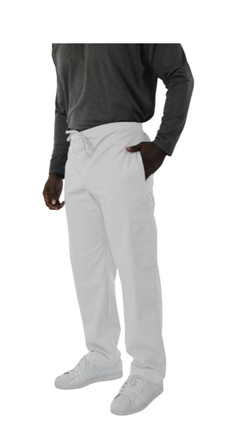 Man in a gray long-sleeve shirt and UltraSoft Unisex Cargo 6-Pocket Pants 313C standing with one hand in his pocket, facing sideways, isolated on a white background.