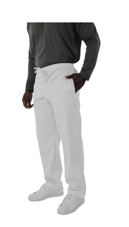 Man in a gray long-sleeve shirt and UltraSoft Unisex Cargo 6-Pocket Pants 313C standing with one hand in his pocket, facing sideways, isolated on a white background.