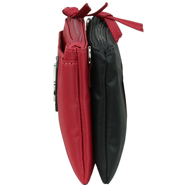 Red and black zippered crossbody purses.