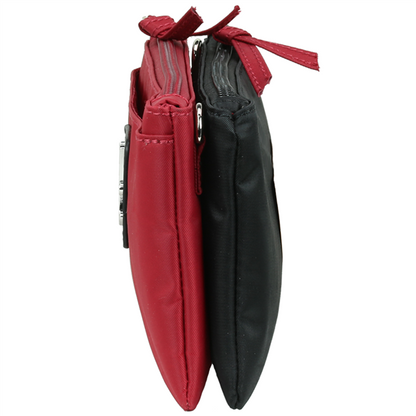 Red and black zippered crossbody purses.