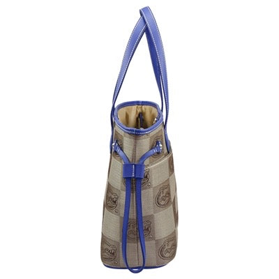 A tall cylindrical beige Safari Handbag (Florida Gators) with blue straps and trim, featuring logo patterns, displayed against a white background.
