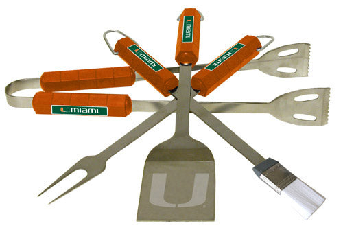 A set of Miami Hurricanes 4 pc BBQ Set tools, including a spatula, fork, tongs, and brush, all with orange handles and the "uniam" brand name.