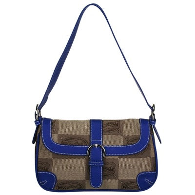 A small shoulder bag featuring a beige fabric with the Florida Gators paisley pattern, accented by blue leather details and a buckle on the front flap.
