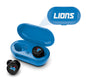 NFL True Wireless Earbuds Version 2 with a charging case labeled "lions" and featuring a lion logo on both earbuds and the case.