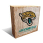 Square cardboard box with a textured surface featuring a printed logo of a roaring jaguar and the text "Jacksonville Jaguars Football and My Dog Sign".