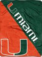 A Miami Hurricanes Blanket 46x60 Micro Raschel Halftone Design Rolled featuring a large orange and green diagonal stripe with the letter "u" logo at the bottom and the word "miami" across the stripe.