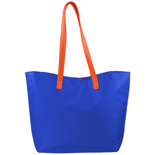 Blue tote bag with bright orange handles, isolated on a white background, The Phyllis Handbag (University of Florida Gators).