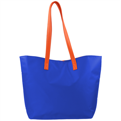 Blue tote bag with bright orange handles, isolated on a white background, The Phyllis Handbag (University of Florida Gators).