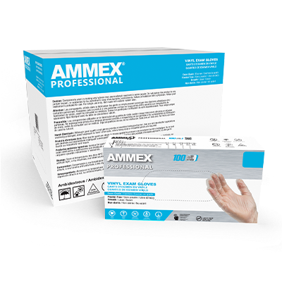 Two cases of AMMEX Clear Vinyl Exam Latex Free Disposable Gloves, one closed and one open displaying a single glove.