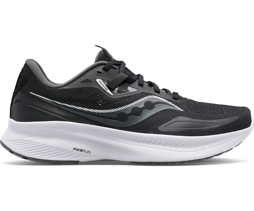 Black and white running shoe with a curved sole design, featuring "pwrrun" on the side and a reflective stripe.