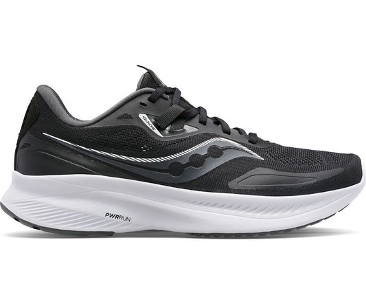 Black and white running shoe with a curved sole design, featuring "pwrrun" on the side and a reflective stripe.