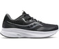 Black and white running shoe with a curved sole design, featuring "pwrrun" on the side and a reflective stripe.