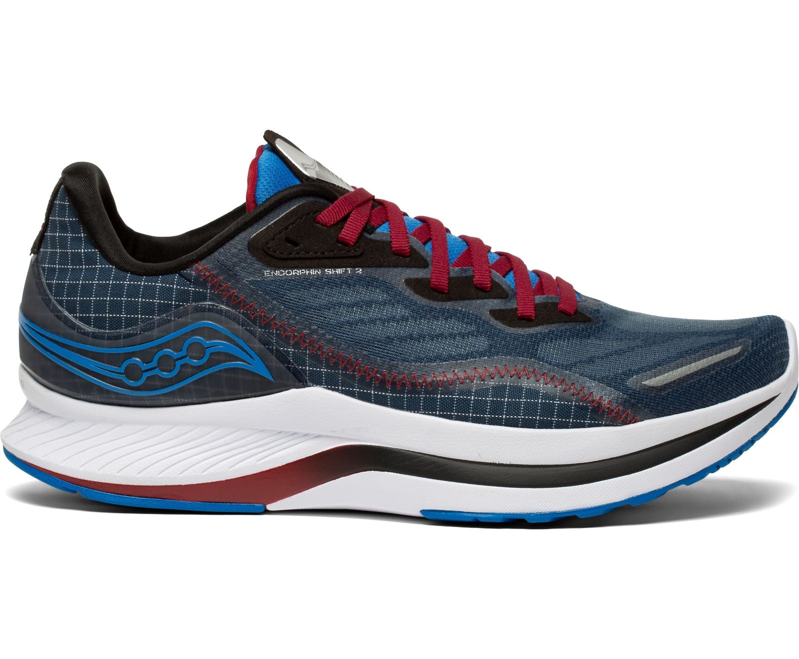 A saucony endorphin shift 2 running shoe in blue with red laces, a white midsole, and the saucony logo on the side.