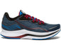 A saucony endorphin shift 2 running shoe in blue with red laces, a white midsole, and the saucony logo on the side.