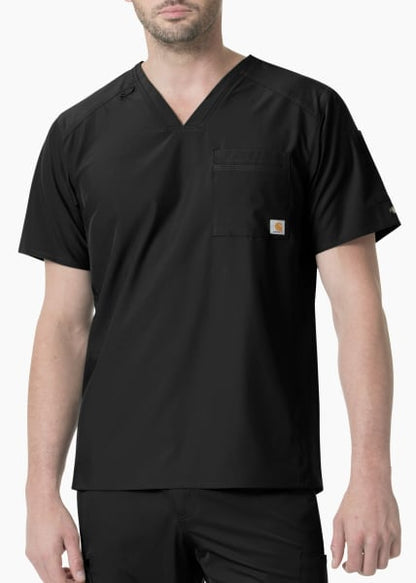 A man in a black Slim Fit V-Neck Top (Mens Liberty C15106) with a small logo on the chest pocket stands against a neutral background.