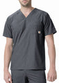 Man in a charcoal gray Slim Fit V-Neck Top (Mens Liberty C15106) with short sleeves, featuring a visible logo on the chest pocket.