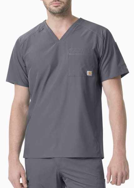 Man wearing a Slim Fit V-Neck Top (Mens Liberty C15106) with a chest pocket, standing against a light background.