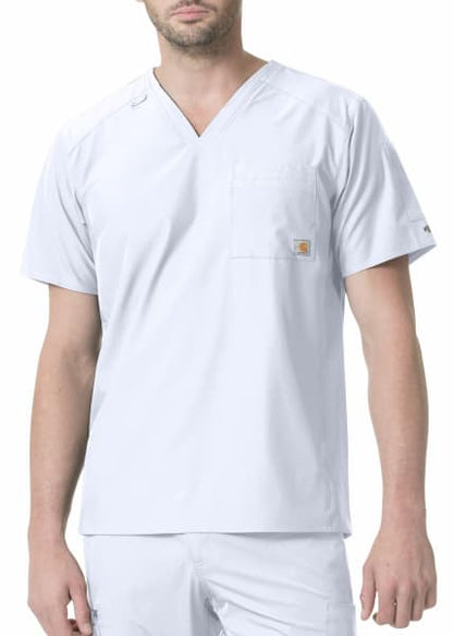 A man wearing a white Slim Fit V-Neck Top (Mens Liberty C15106) with short sleeves, featuring a chest pocket with a logo.